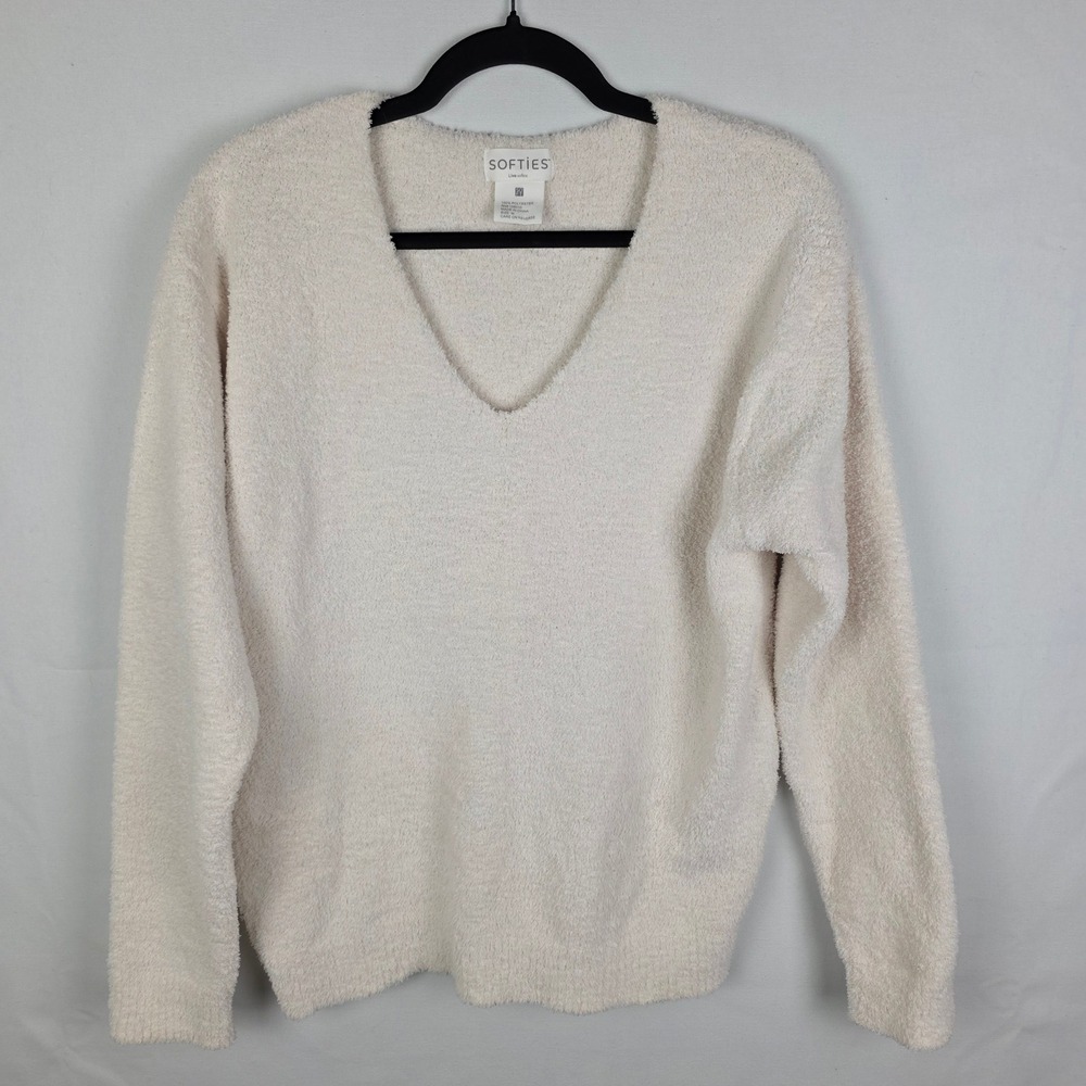 Softies Marshmallow V-Neck Lounge Sweater‎ Ivory White Fuzzy Plush Pullover Med